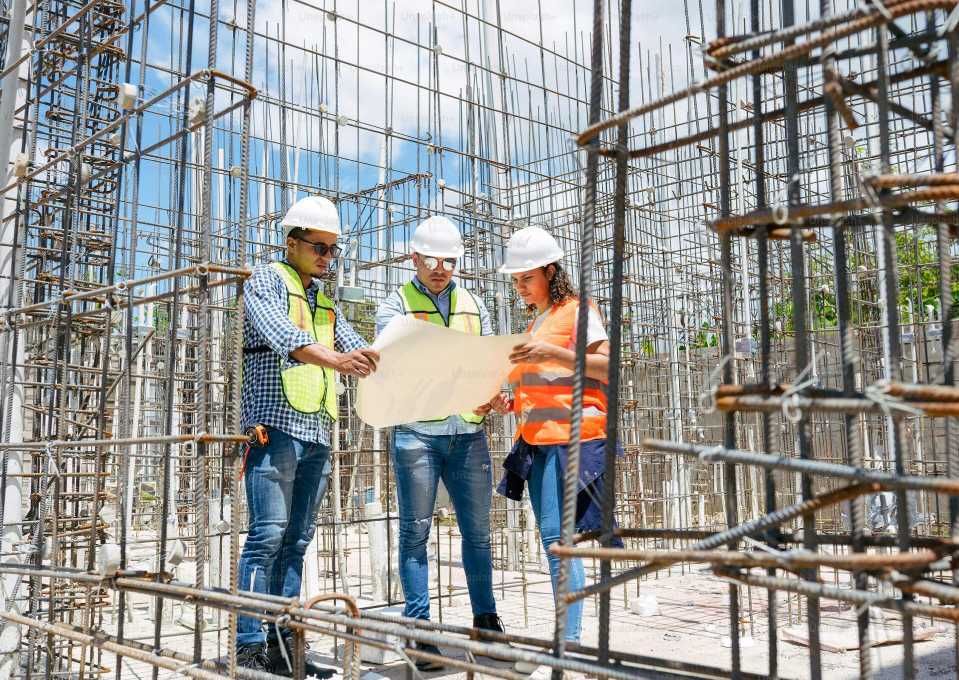 Engineers reviewing construction project drawings on site in Nigeria