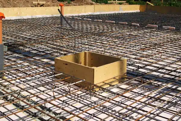 Concrete foundation with steel reinforcement bars (rebar) used in structural engineering for safe building construction in Nigeria